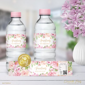 Butterfly editable water bottle label, pink birthday label, floral digital party favor, printable label, corjl template