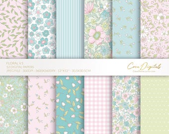 Floral Digital Paper Pack, Turquoise Pink Green, 12 seamless ditsy flowers pattern (Digital Download)