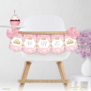 Princess high chair banner, editable royal crown birthday flag, printable ONE garland, gold & pink bokeh 1st birthday decor, corjl template