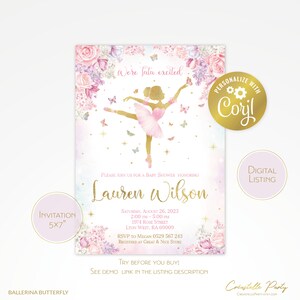 May include: A pink and gold ballerina baby shower invitation with a watercolor background and butterflies. The invitation says "We're tutu excited" and "Lauren Wilson".