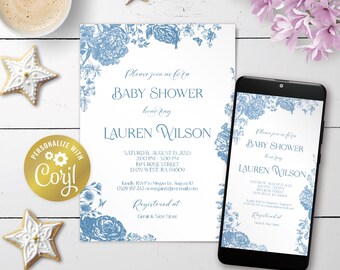 Victorian floral, editable vintage blue baby shower digital invitation, botanical line art printable, butterfly evite, corjl template