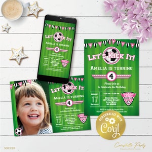 Soccer field invitation, editable pink football birthday digital invitation, printable, girl sport team evite, soccer ball, corjl template