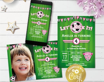 Soccer field invitation, editable pink football birthday digital invitation, printable, girl sport team evite, soccer ball, corjl template