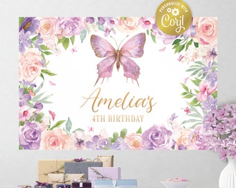 Fichier poster papillon éditable, affiche fleurs rose, or et parme, végétation aquarelle, anniversaire, FICHIER NUMÉRIQUE UNIQUEMENT