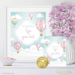 Hot Air Balloon pink custom sign template, Up, Up and Away editable printable, sky and cloud party decoration, party sign, corjl template