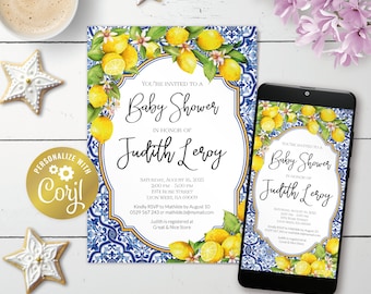 May include: A blue and white tiled background with lemons and flowers. The text "You're invited to a Baby Shower in honor of Judith Leroy" is on the invitation. The date and time of the event are Saturday, August 16, 2023, 2:00 PM - 5:00 PM. The location is 1974 Rose Street, Lyon West, RA 69009. The RSVP information is to contact Mathilde by August 10 at 0529 567 243 or mathilde.b@mymail.com. The invitation also states that Judith is registered at Great & Nice Store.