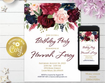 Invitación floral marsala y azul marino, invitación digital de cumpleaños de rosas rosadas editables, imprimible burdeos, evita otoño, plantilla corjl