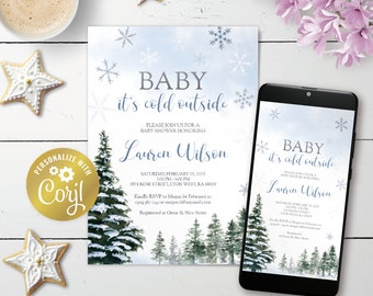 Winter forest invitation, editable baby it's cold outside, winter wonderland, baby shower digital invitation, printable snow evite, template
