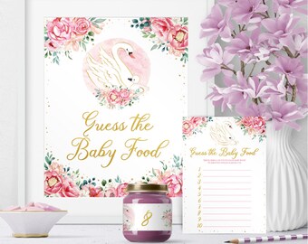Swan Guess The Baby Food, blush floral printable baby shower game, pink and gold digital game, INSTANT DOWNLOAD