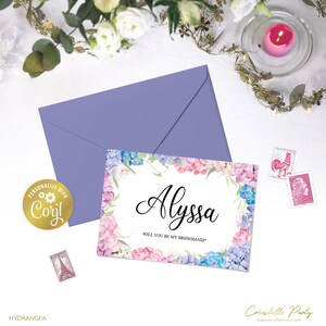 Cartão de proposta de madrinha de hortênsia, modelo de cartão de você será minha madrinha, cartão digital rosa e azul, modelo floral roxo Corjl
