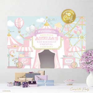 Editable carnival backdrop file, big top party poster, decoration, pastel pink circus birthday background, corjl template, FILE ONLY