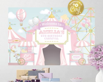 Bearbeitbare Karnevalshintergrunddatei, Big Top-Partyplakat, Dekoration, pastellrosa Zirkusgeburtstagshintergrund, Corjl-Vorlage, NUR DATEI
