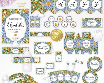 Mediterranean oranges editable party decor package, a little cutie, azuleros printable, digital party supplies, edit template with CORJL