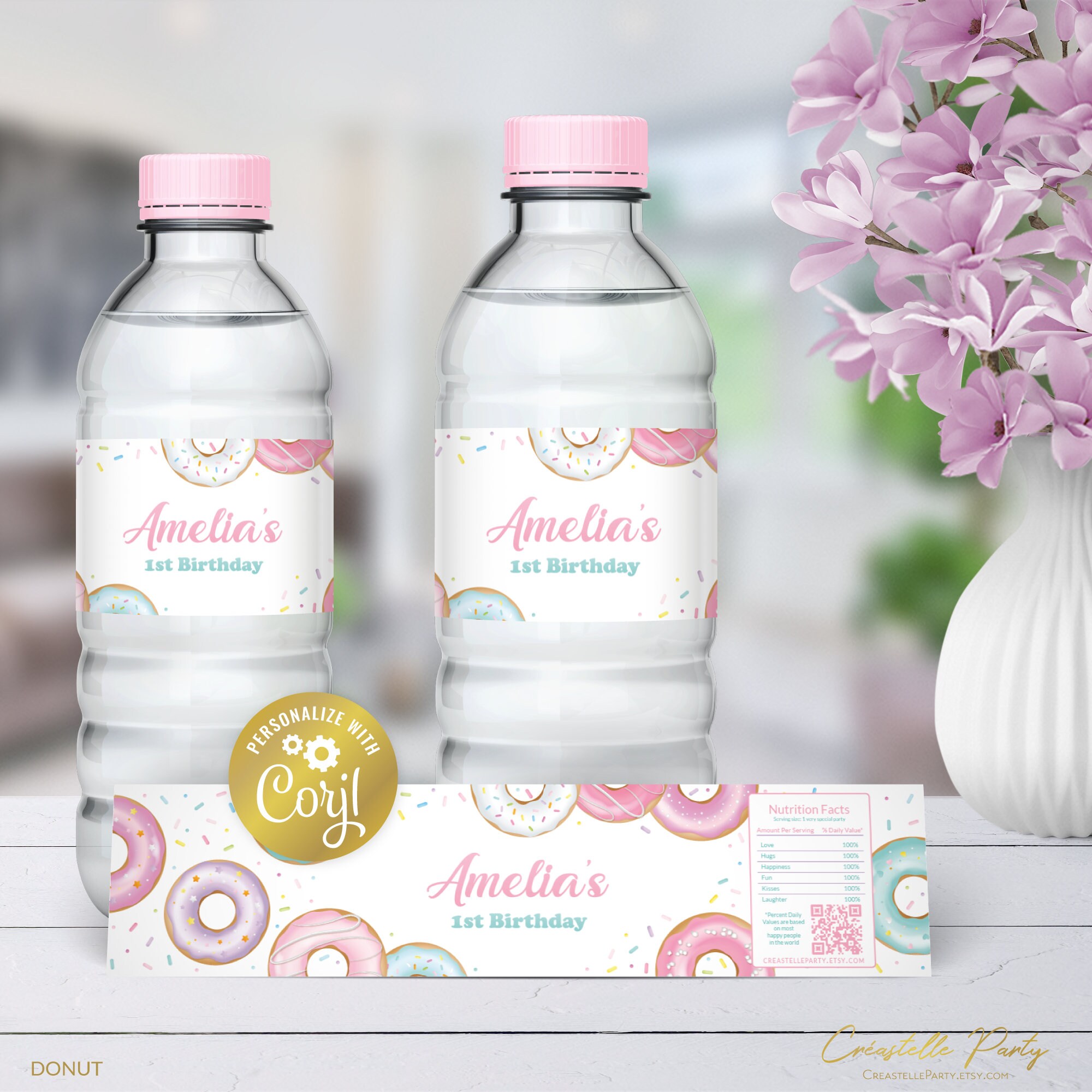 Donut editable water bottle label, sweet one birthday label, pink sprinkles digital party favor, donut grow up printable, corjl template