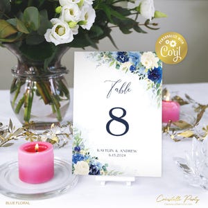 Plantilla de número de mesa con flores azules, tarjeta para sentarse, imprimible en azul marino y crema, tarjeta de boda con vegetación, 2 tamaños incluidos, plantilla corjl