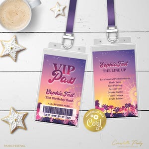 Muziekfestival bewerkbare VIP-paskaart, VIP-muziekconcert verjaardag afdrukbaar, woestijn boho zonsondergang digitaal, retro groovy fest, corjl-sjabloon