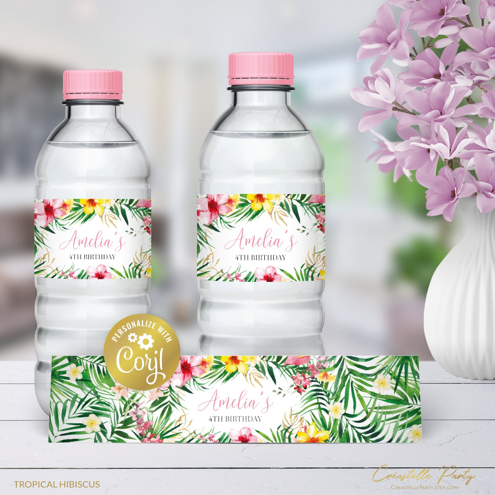 Tropical Floral Editable Water Bottle Label, Hawaiian Flowers Birthday