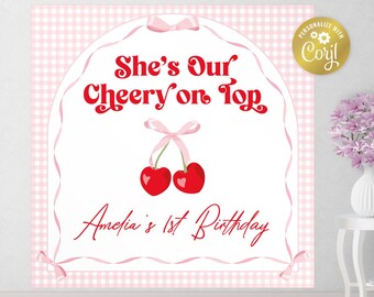 Cherry pink backdrop file, square pretty coquette poster, she's the cherry on top party decoration, background, corjl template, FILE ONLY
