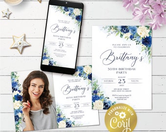 Blue floral invitation, editable navy and cream birthday digital invitation, printable, flowers and greenery evite, corjl template