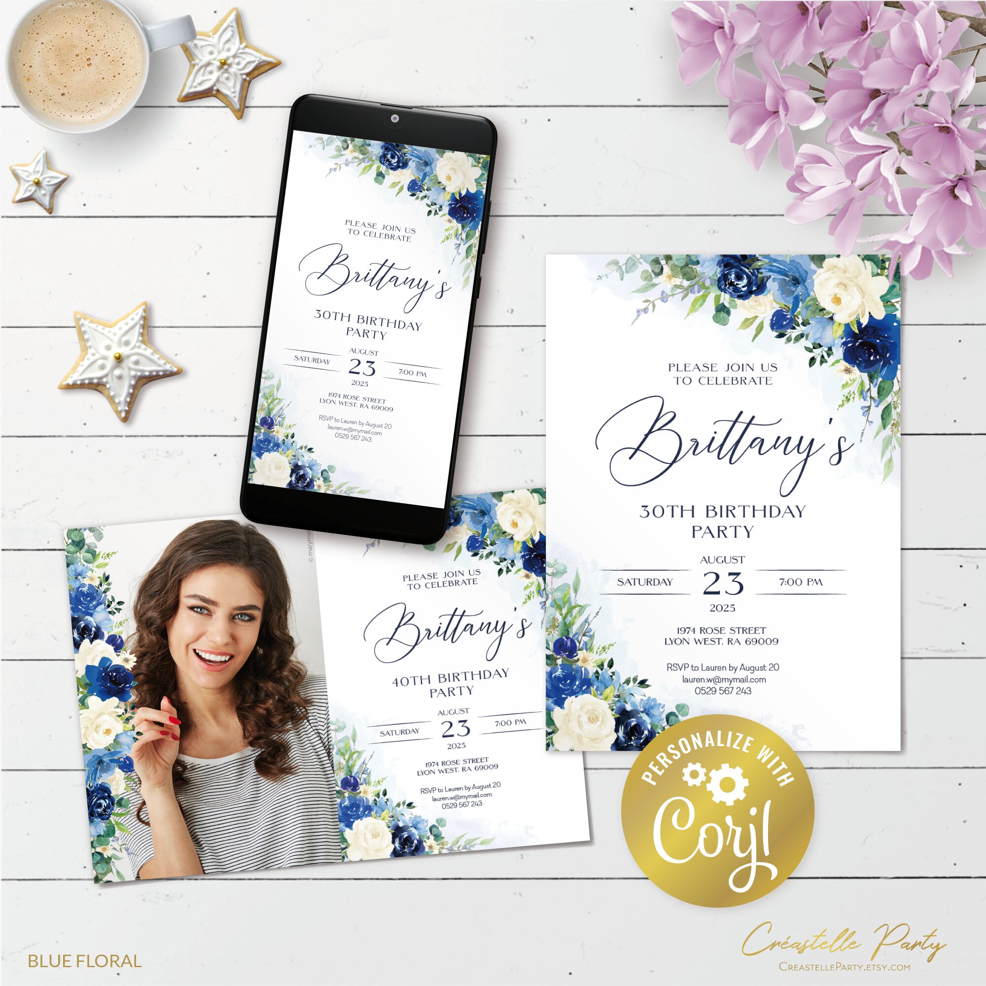 Blue Floral Invitation, Editable Navy and Cream Birthday Digital