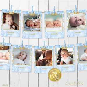 Bannière premier anniversaire prince, première année bleu ciel modifiable en images, cartes photo, guirlande photo imprimable 12 mois, modèle corjl