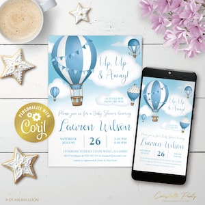 Hot Air Balloon invitation, editable Up, Up & Away baby shower digital invitation, blue printable, sky, cloud evite, corjl template