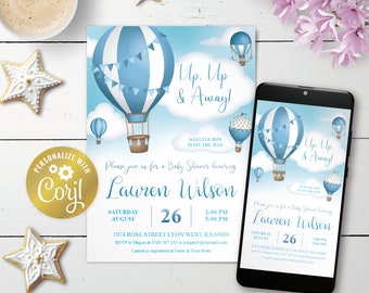 Hot Air Balloon invitation, editable Up, Up & Away baby shower digital invitation, blue printable, sky, cloud evite, corjl template