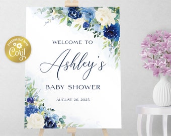 Welkomstbord met blauwe bloemen, bewerkbaar bord in marineblauw en crème, afdrukbare feestdecoratie met aquarelgroen, bewerkbaar met corjl