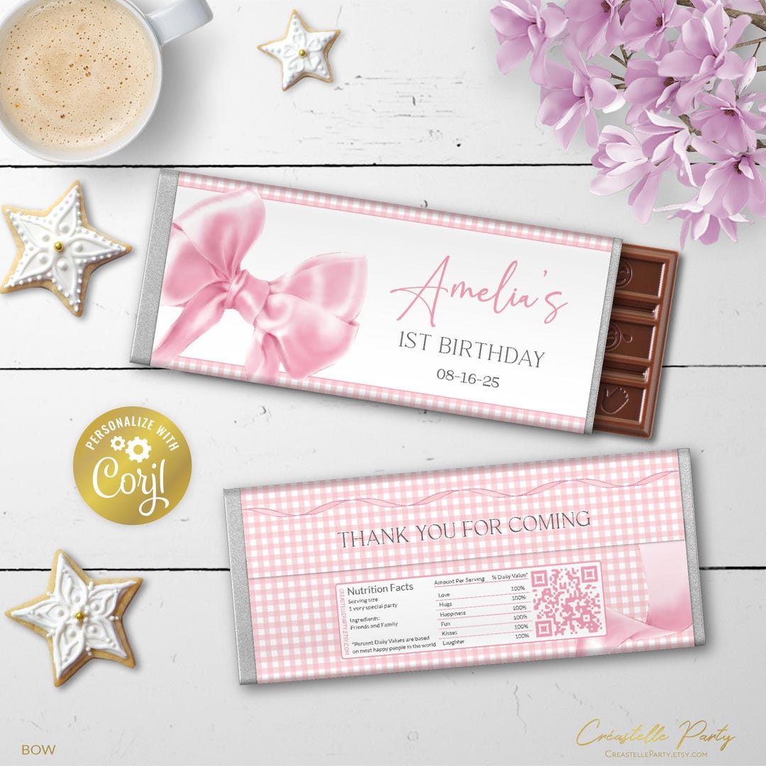 Pink Ribbon Wrapper Bow Editable Chocolate Bar Wrapper, Pink Elegant Ribbon Birthday Snacks ...
