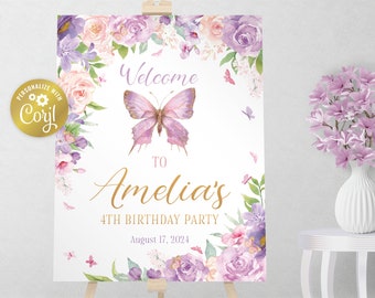 Butterfly welcome sign, blush pink, gold and lavender editable sign, watercolor floral printable party decoration, editable with corjl