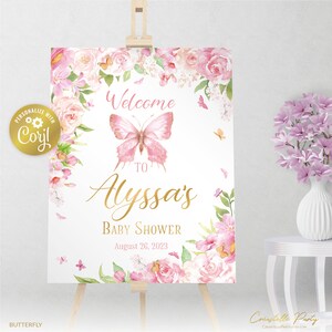Butterfly welcome sign, pink and gold editable sign, watercolor floral printable party decoration, editable with corjl