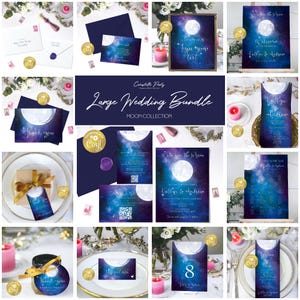 May include: A large wedding bundle with a moon theme. The bundle includes invitations, save the dates, menus, thank you cards, and other wedding stationery. The designs feature a watercolor moon with stars and a galaxy background.