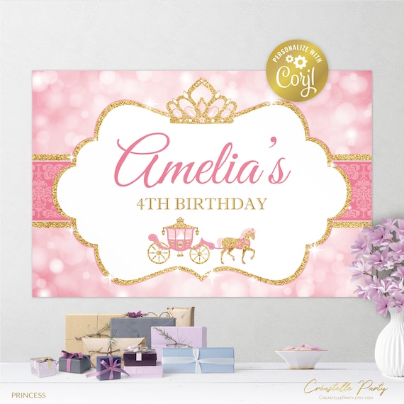 Editable Princess backdrop file, pink and gold glitter poster, carriage party decoration, royal crown background, corjl template, FILE ONLY Il_570xn