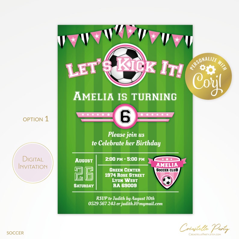 Pink Soccer Birthday Party Printable Invitation Sport Digital Etsy