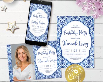 Mediterranean, editable tuscan printable invitation, positano birthday digital invitation, azulejos blue tile evite, corjl template
