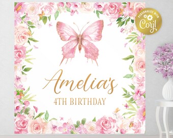 May include: A pink butterfly with gold accents is surrounded by a border of pink and white watercolor flowers. The text "Amelia's 4th Birthday" is written in gold script.