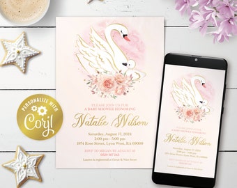 May include: A pink and white baby shower invitation with a gold outline of two swans. The text on the invitation reads "Please join us for a baby shower honoring Natalie Wilson. Saturday, August 17, 2024, 2:00 pm - 5:00 pm, 1974 Rose Street, Lyon West, RA 69009. RSVP to Megan by August 10, 0529 567 243. Lauren is registered at Great & Nice Store."