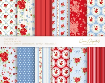 Shabby chic Red Blue floral paper pack, vintage flowers, 12 seamless pattern (Digital Download)