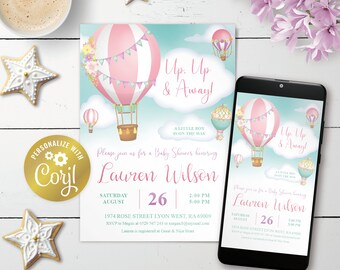 Hot Air Balloon invitation, editable Up, Up & Away baby shower digital invitation, pink and turquoise printable, cloud evite, corjl template