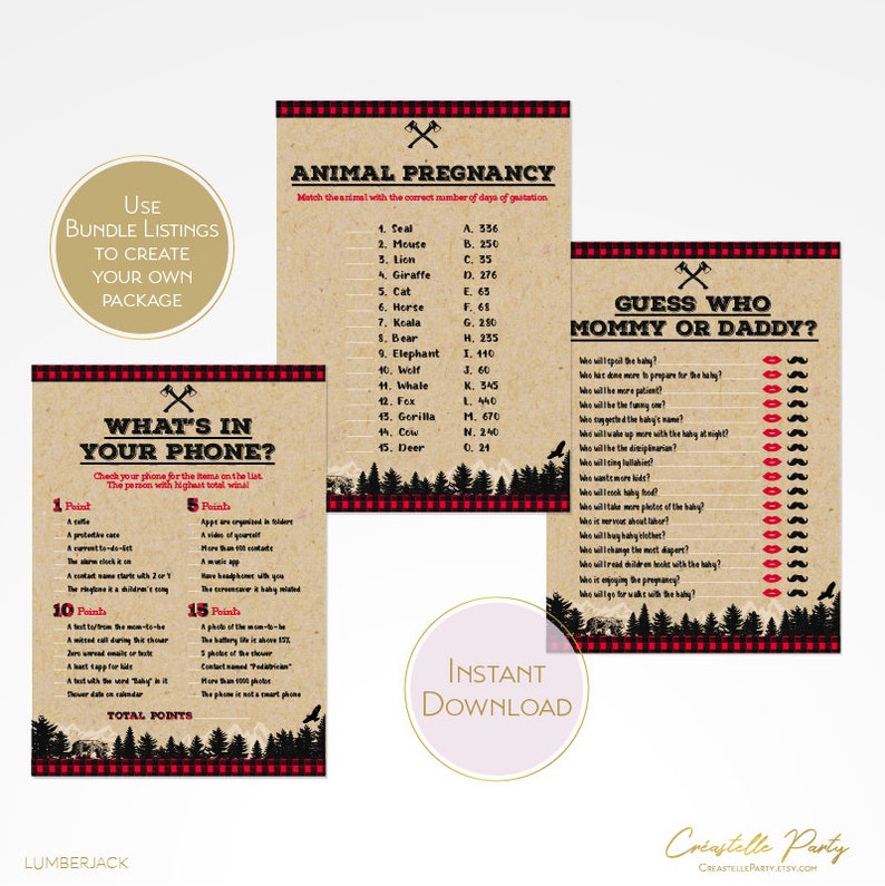 woodland digital games INSTANT DOWNLOAD Rustic lumberjack baby shower printable games package 3 buffalo plaid game bundle