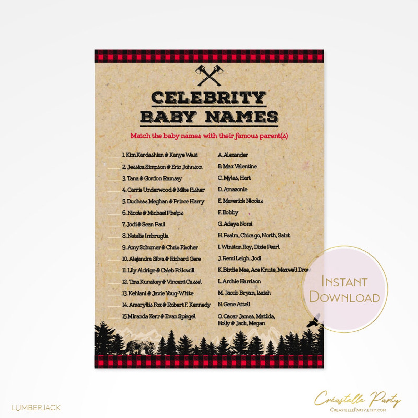 Rustic Lumberjack Buffalo Plaid Celebrity Baby Names Game Etsy