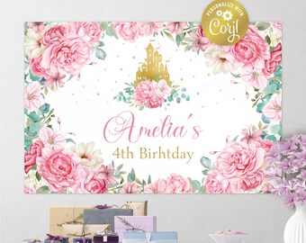 Bearbeitbare Prinzessin Hintergrunddatei, königliches Schloss Plakat, rosa, goldene Partydekoration, Aquarellblumenhintergrund, Corjlschablone, NUR DATEI