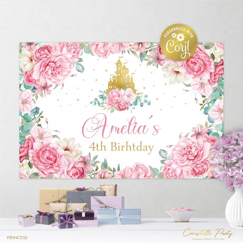 Editable Princess backdrop file, royal castle poster, pink, gold party decoration, watercolor floral background, corjl template, FILE ONLY image 1