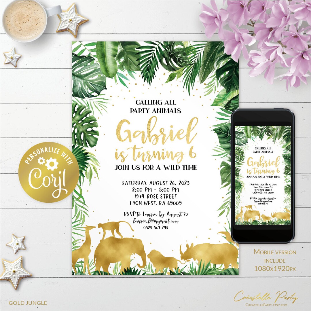 Editable Gold Jungle Animal Invitation, Wild Jungle Printable, Safari ...