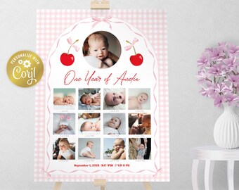 Cherry pink birthday board, editable pretty coquette first year in picture, photo collage sign, printable 12 months milestone corjl template