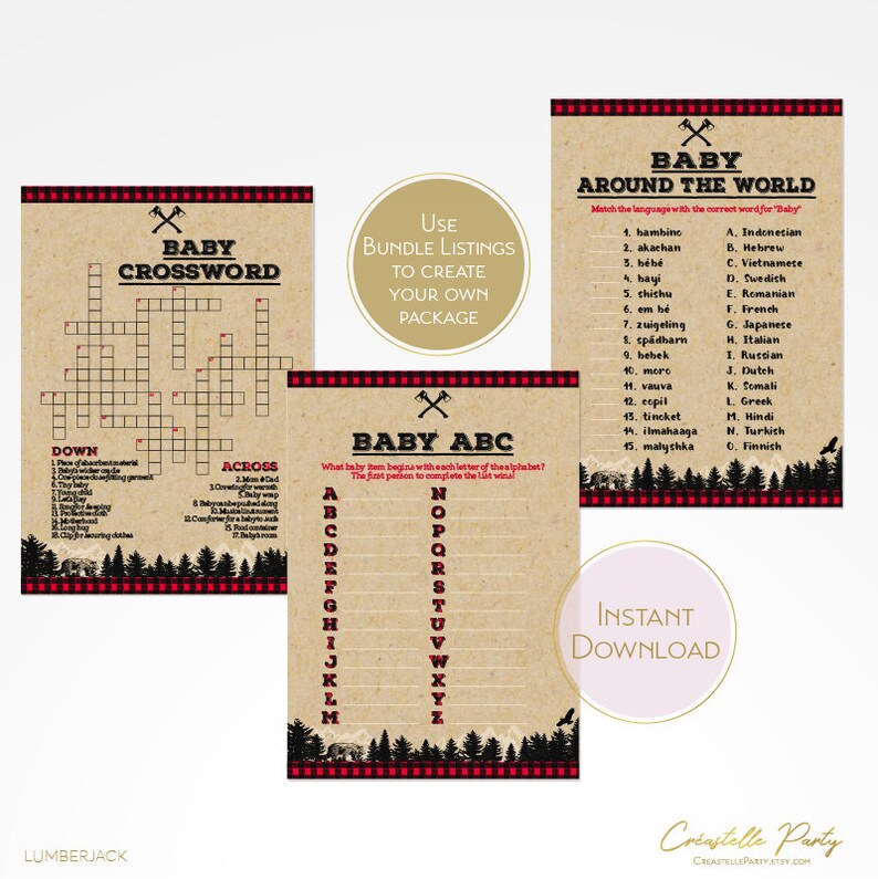 woodland digital games INSTANT DOWNLOAD Rustic lumberjack baby shower printable games package 3 buffalo plaid game bundle