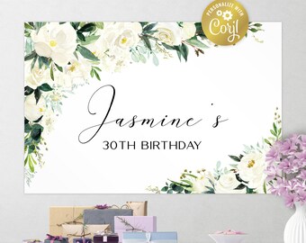 Bearbeitbare weiße florale Hintergrunddatei, Aquarell Rosen Poster, Partydekoration, Blumen und viel Grün Hintergrund, Corjl Vorlage, NUR DATEI