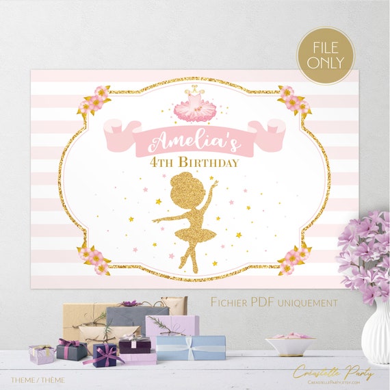 DIGITAL Pink ballerina backdrop file, ballet party poster, pink and gold party decoration, tutu background, star birthday party, FILE ONLY Il_570xn