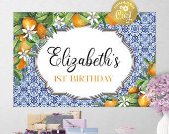 Archivo de fondo de naranjas mediterráneas editable, un pequeño cartel de fiesta linda, decoración de cumpleaños, fondo de azulejos, plantilla corjl, SÓLO ARCHIVO