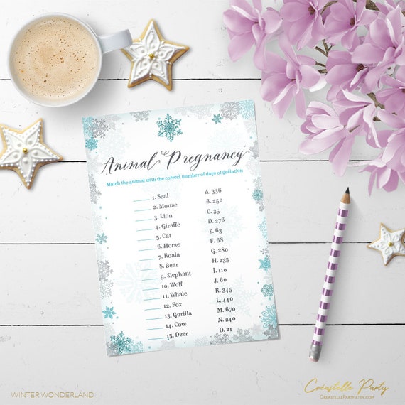 Winter wonderland Baby Animal Pregnancy Quiz, blue and silver snowflakes baby it's cold outside, baby shower printable game INSTANT DOWNLOAD Il_570xn